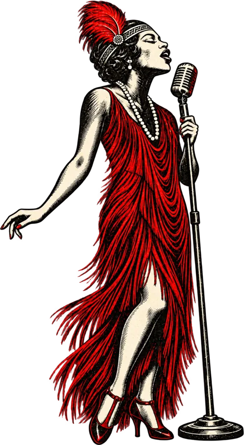 Grabado de una cantante de los años veinte con vestido rojo de flecos ante un micrófono