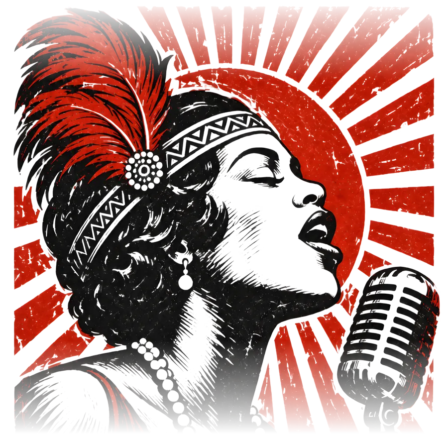 Ilustración del cartel de la XVI: cantante de los años veinte con pluma roja ante un sol de rayos rojos