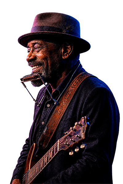 Ilustración de un músico de blues con guitarra, mascota del Festival de Blues de Cáceres