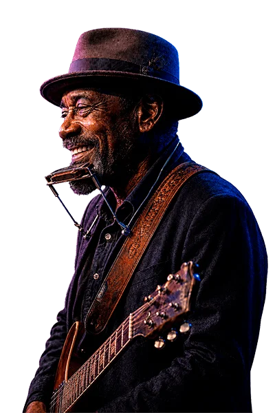 Ilustración de un músico de blues con guitarra, mascota del Festival de Blues de Cáceres