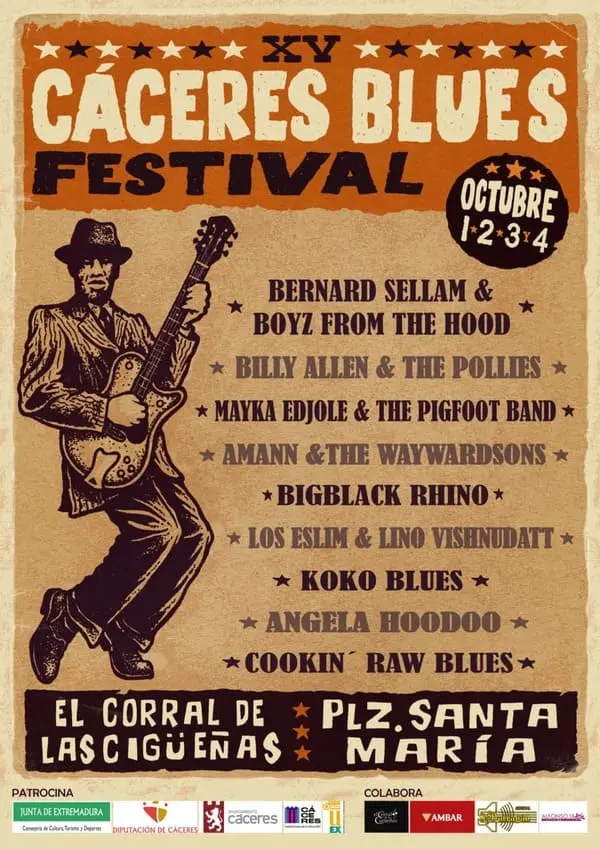 Cartel oficial del XV Festival de Blues de Cáceres 2026, del 1 al 4 de octubre en El Corral de las Cigüeñas y Plaza de Santa María